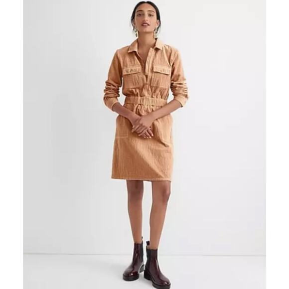 J. Crew Zip Front Cinched Corduroy Dress Pockets Camel Size 12 New - Picture 1 of 9
